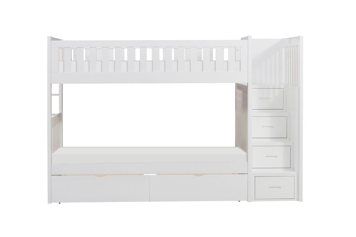 Galen White Twin/Twin Step Bunk Bed with Storage Boxes by Homelegance at Eve Furniture