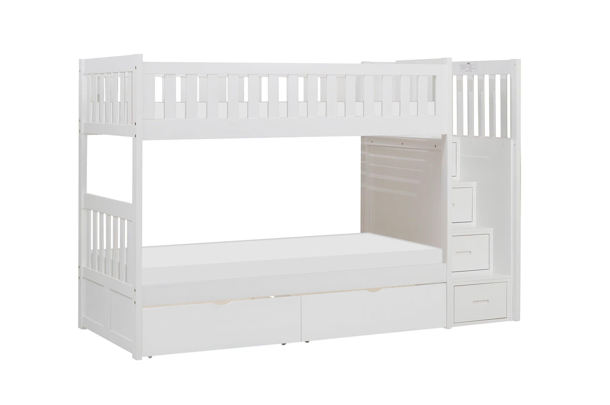 Galen White Twin/Twin Step Bunk Bed with Storage Boxes by Homelegance at Eve Furniture