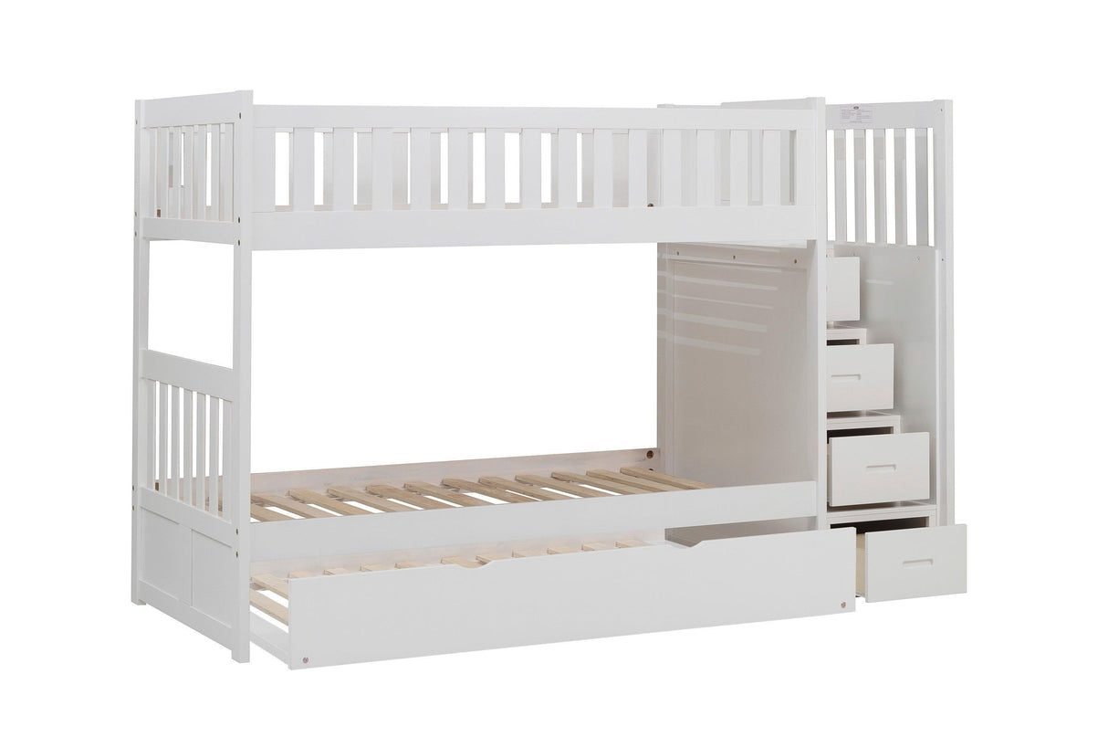 Galen White Twin/Twin Step Bunk Bed with Twin Trundle by Homelegance at Eve Furniture