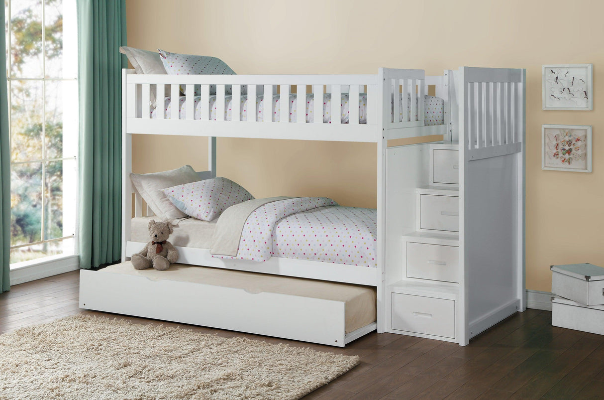 Galen White Twin/Twin Step Bunk Bed with Twin Trundle by Homelegance at Eve Furniture