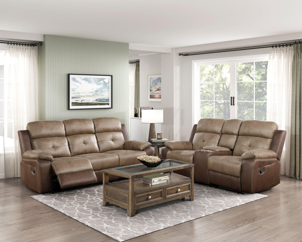 Glendale Brown Microfiber Double Glider Reclining Loveseat with Center Console by Homelegance at Eve Furniture