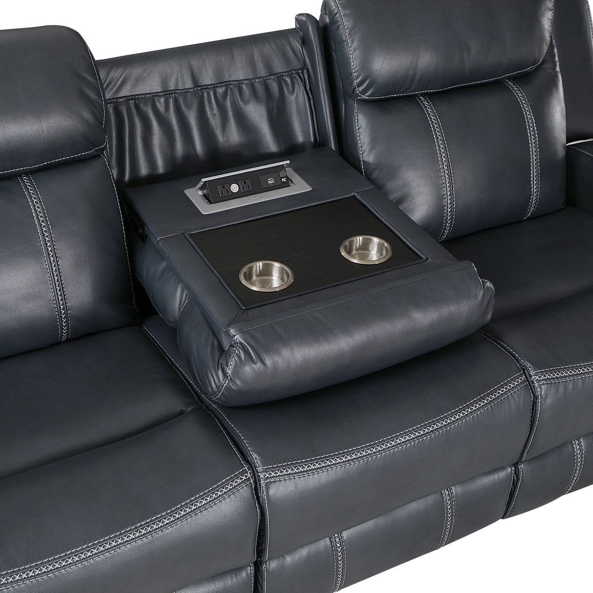 Littleton Blue Double Reclining Sofa with Center Drop-Down Cup Holders, Magazine bag, Receptacles and USB Ports by Homelegance at Eve Furniture