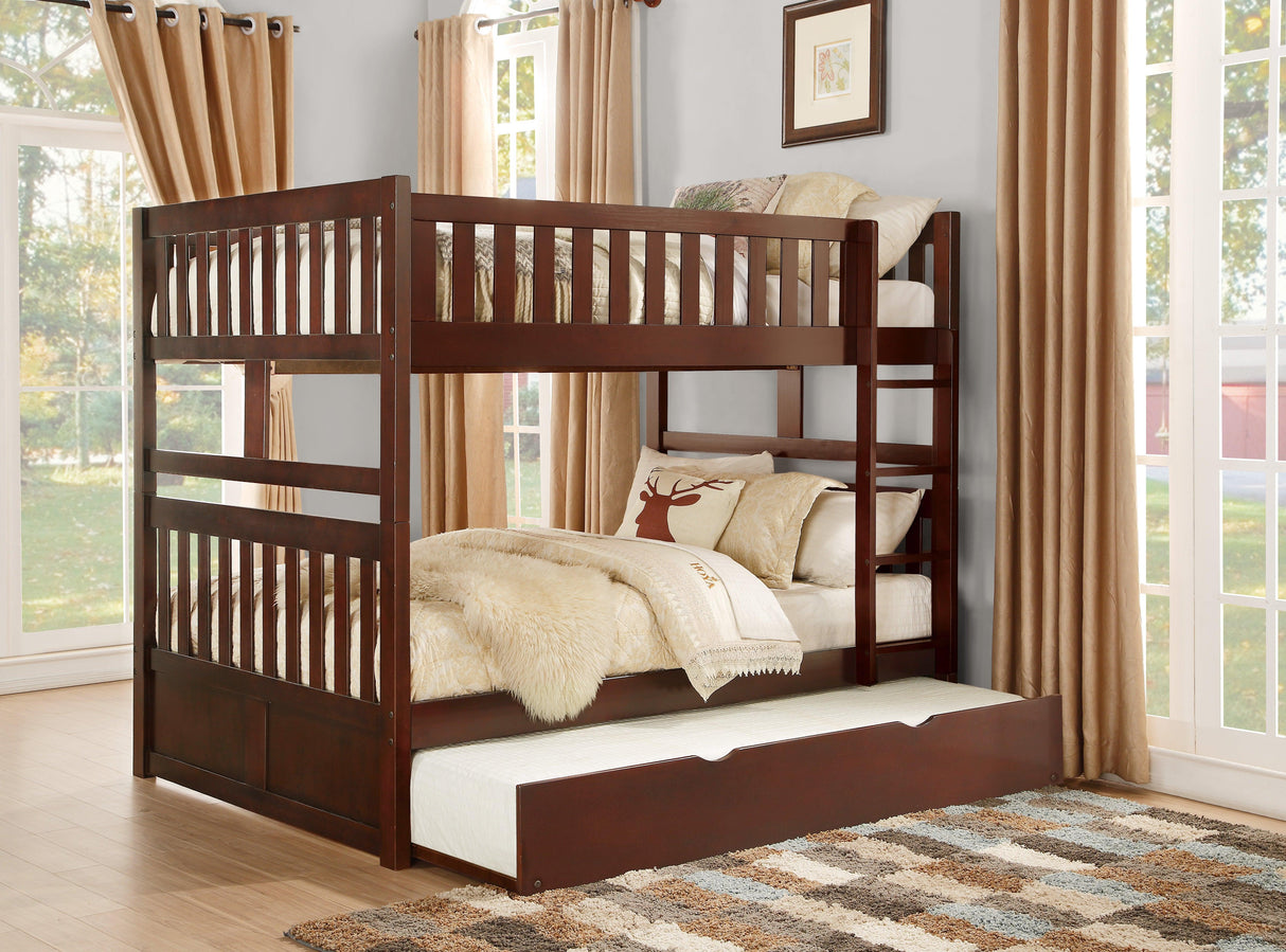 Rowe Dark Cherry Full/Full Bunk Bed with Twin Trundle by Homelegance at Eve Furniture