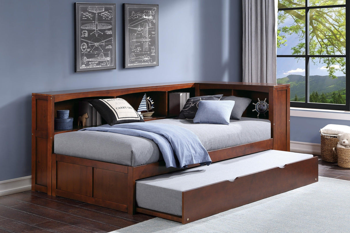 Rowe Dark Cherry Twin Bookcase Corner Bed with Twin Trundle by Homelegance at Eve Furniture