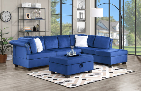 Ava Blue Velvet RAF Sectional with Storage Ottoman - Eve Furniture
