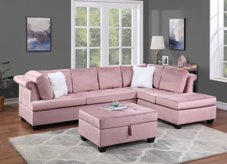 Ava Pink Velvet RAF Sectional with Storage Ottoman - Eve Furniture
