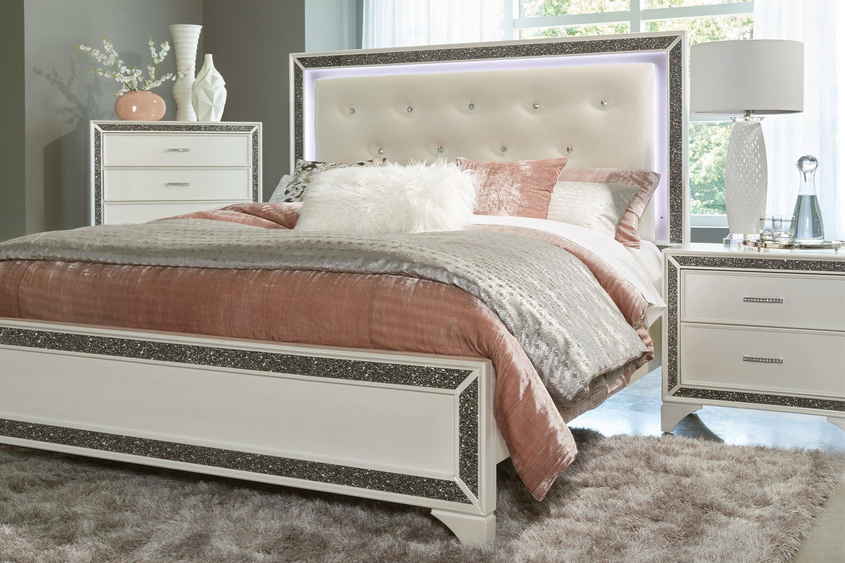 Salon White Queen LED Upholstered Panel Bed by Homelegance at Eve Furniture