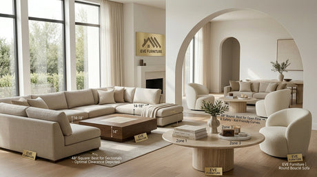 "48-inch round honed travertine stone coffee table styled in a modern open-concept living room