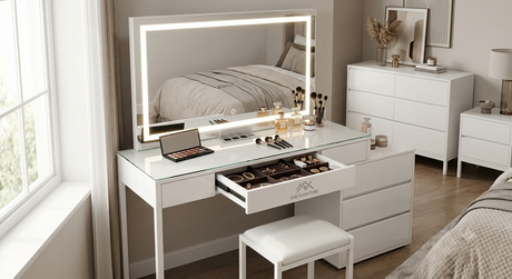 Modern white makeup vanity table featuring an illuminated LED mirror