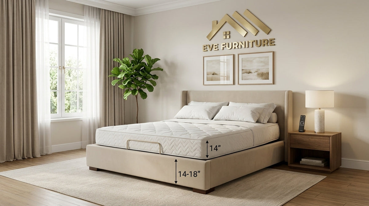 Beige upholstered adjustable bed with an elevated head and raised knee section in a bright, modern bedroom.