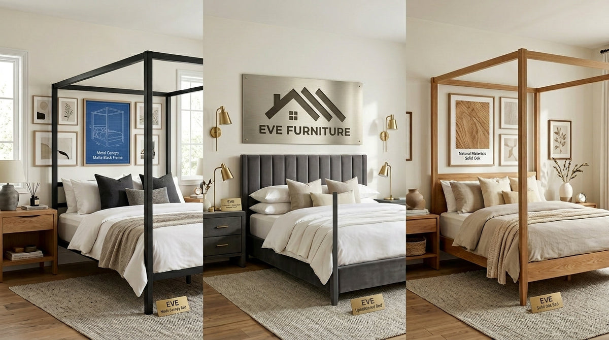 Close-up of a velvet upholstered canopy bed frame showing channel-tufted headboard and padded side rails