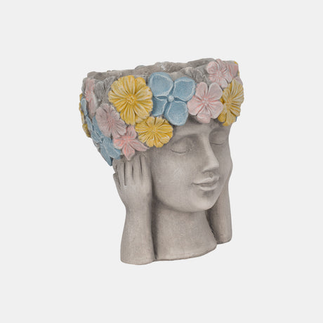 11" Face Planter With Flower Crown, Grey/multi