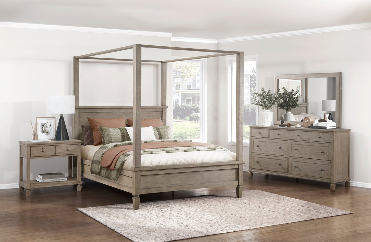 Marceline Gray Oak Eastern King Canopy Platform Bed