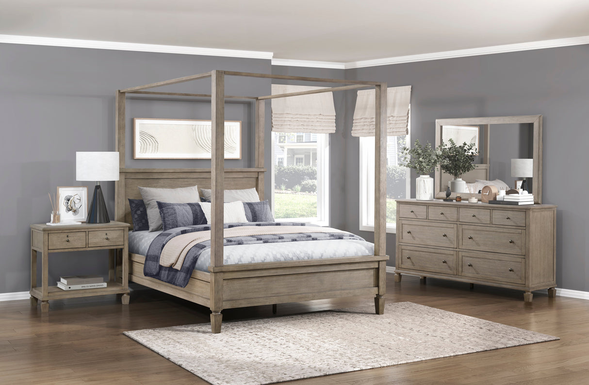 Marceline Gray Oak Eastern King Canopy Platform Bed