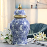 14" Temple Jar W/dalhia Flower,blue & White