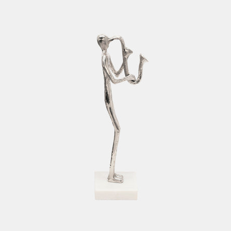 15" Saxophone Musician On Marble Base, Silver