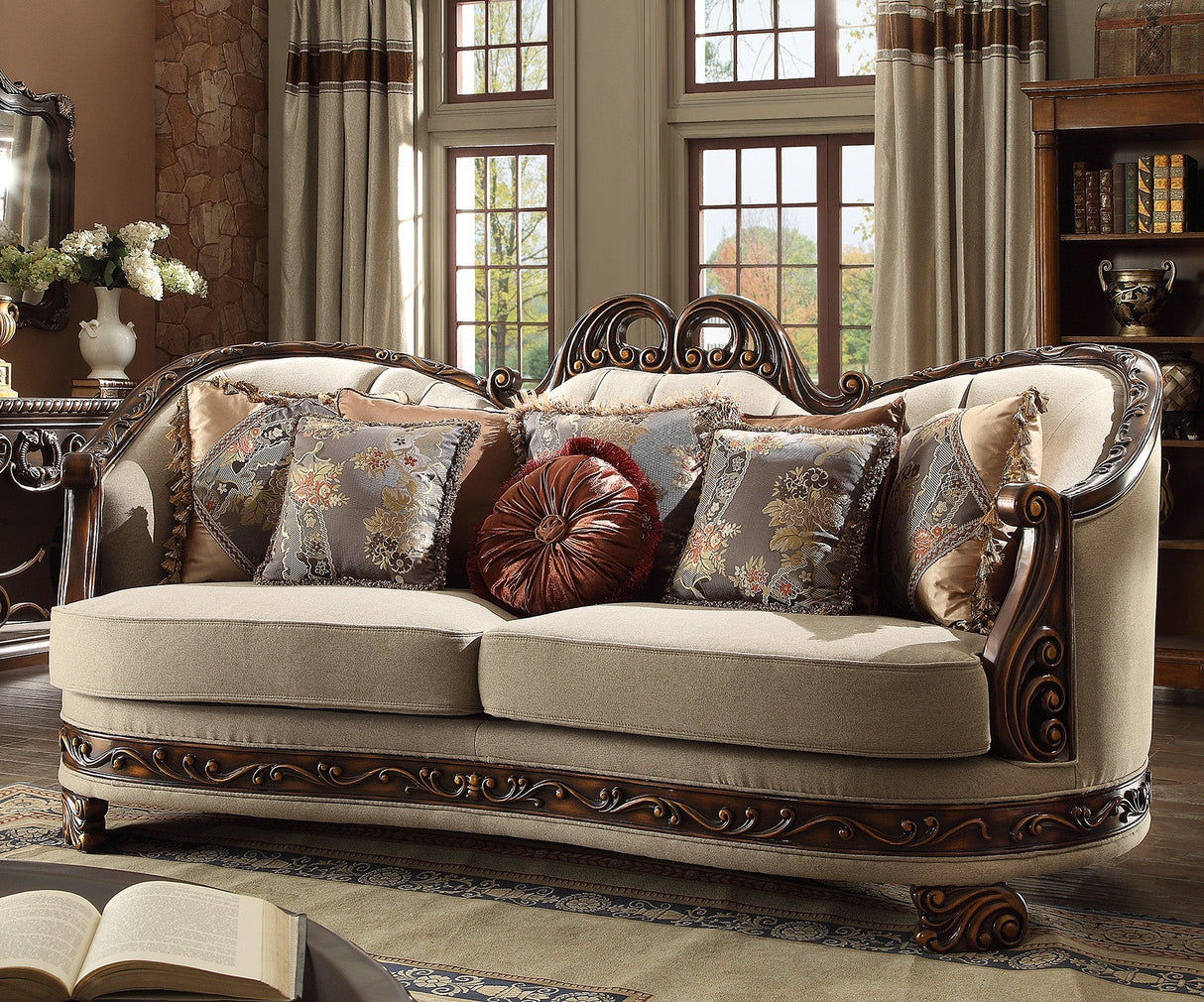 Homey Design HD-1623 Dark Red Mahogany/Antique Gold Details Sofa