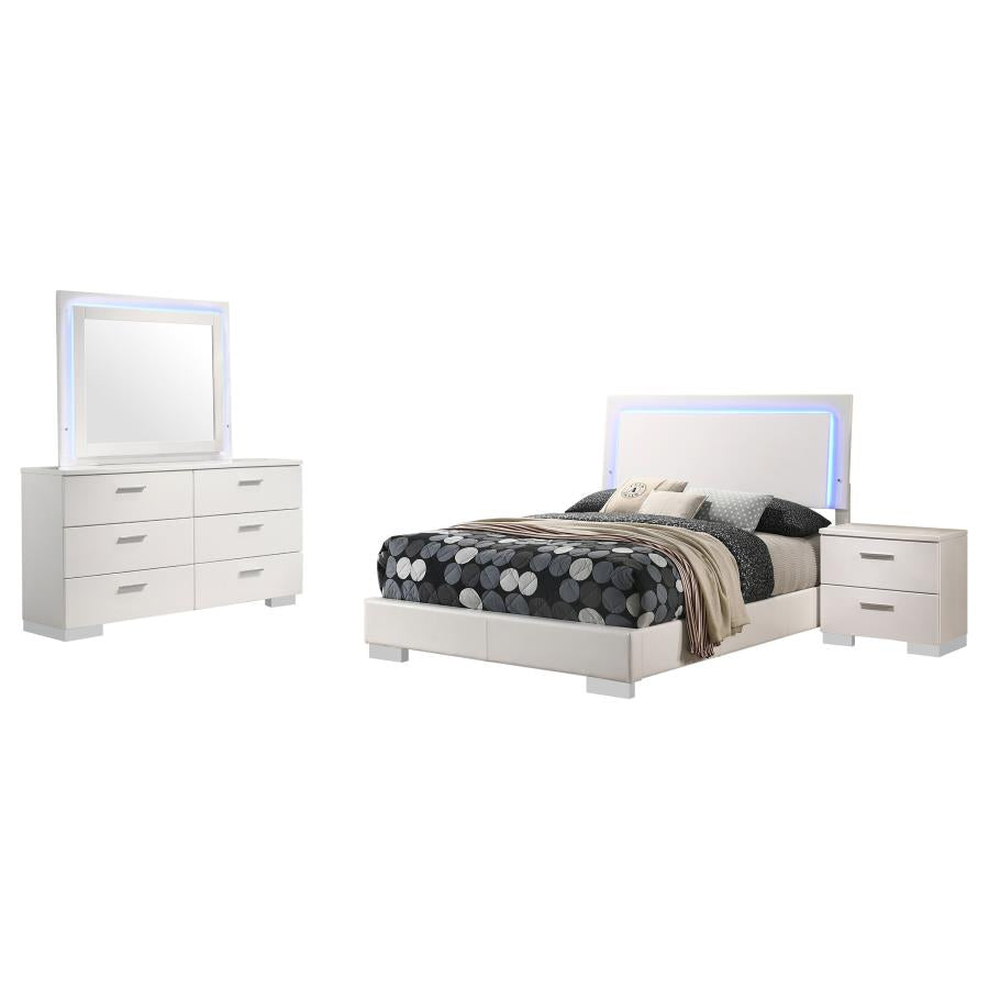 Juego de dormitorio Felicity de 4 piezas en blanco brillante tamaño matrimonial con cabecero y espejo con luces LED