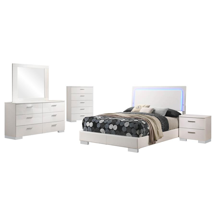Juego de dormitorio Felicity de 5 piezas tamaño queen color blanco brillante con cabecero LED y espejo