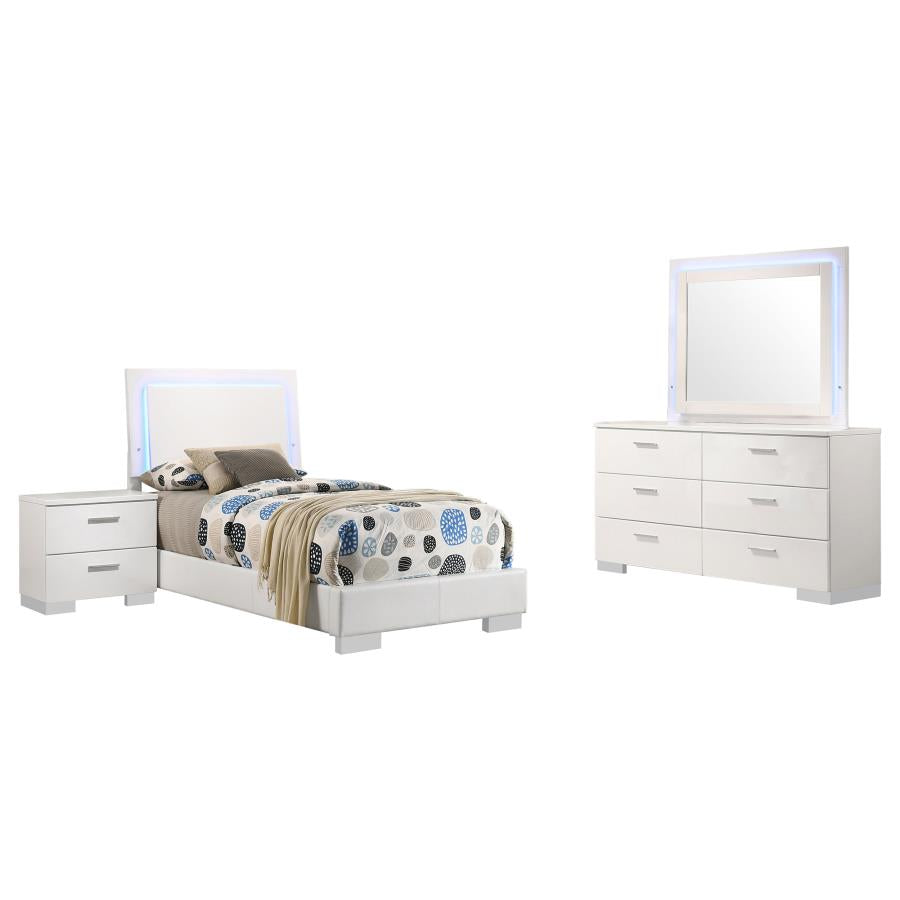 Juego de dormitorio de 4 piezas Felicity en blanco brillante para cama individual con iluminación LED