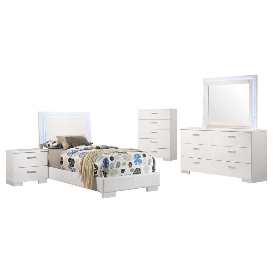 Juego de dormitorio Felicity blanco brillante de 5 piezas para cama individual con iluminación LED