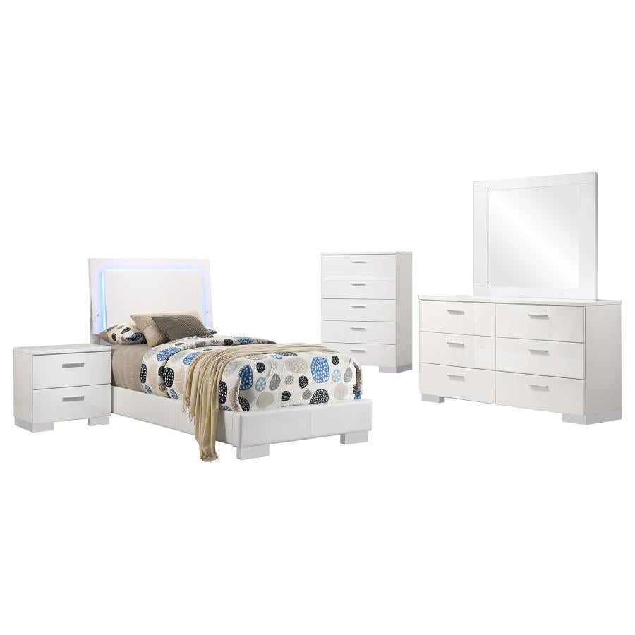 Juego de dormitorio Felicity blanco brillante de 6 piezas tamaño California King con iluminación LED