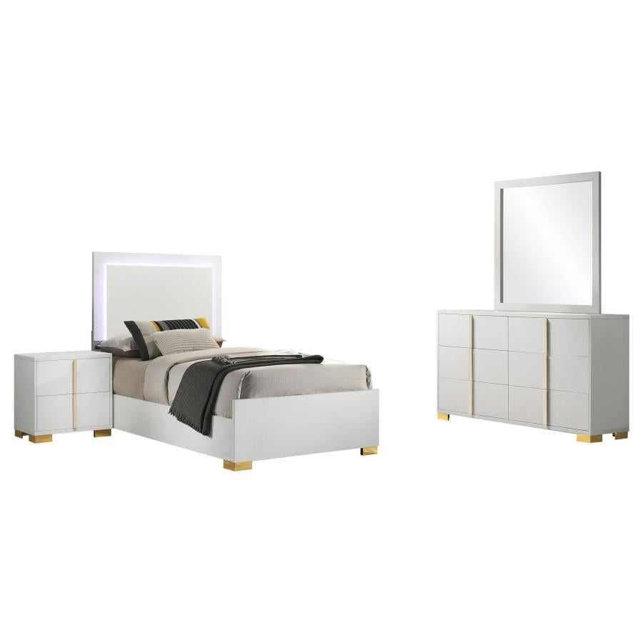 Juego de dormitorio Marceline White de 4 piezas para cama individual con cabecero LED