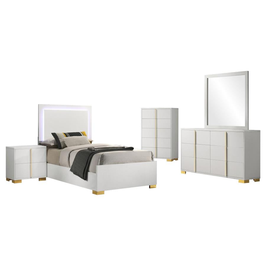 Juego de dormitorio de 5 piezas para cama individual Marceline White con cabecero LED