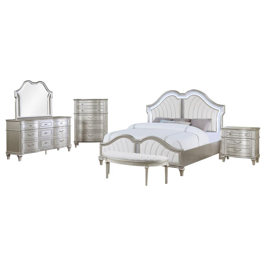 Evangeline Ivory/Silver Oak 5-Piece Upholstered Platform Eastern King Bedroom Set by Coaster at Eve Furniture