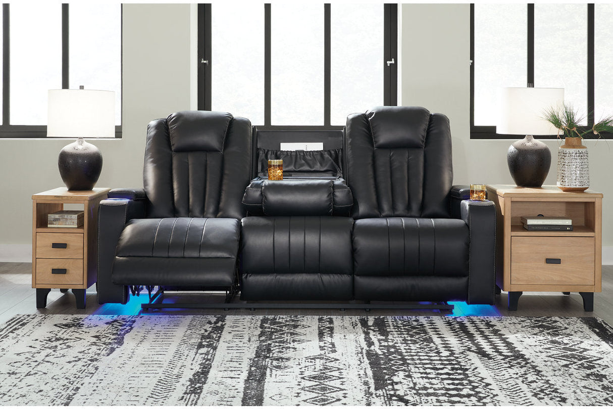 Center Point Black Reclining Sofa with Drop Down Table