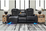 Center Point Black Reclining Sofa with Drop Down Table