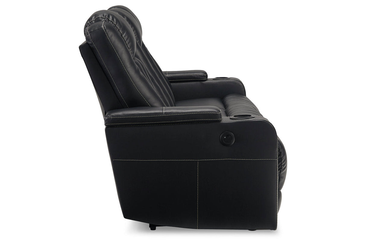 Center Point Black Reclining Sofa with Drop Down Table