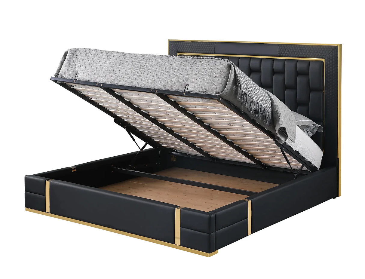 Marbella Black/Gold Leather Queen Storage Platform Bed