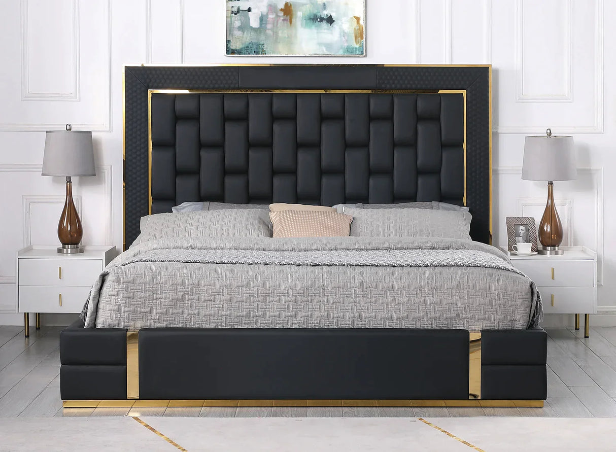 Marbella Black/Gold Leather King Storage Platform Bed