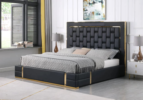 Marbella Black/Gold Leather Queen Storage Platform Bed