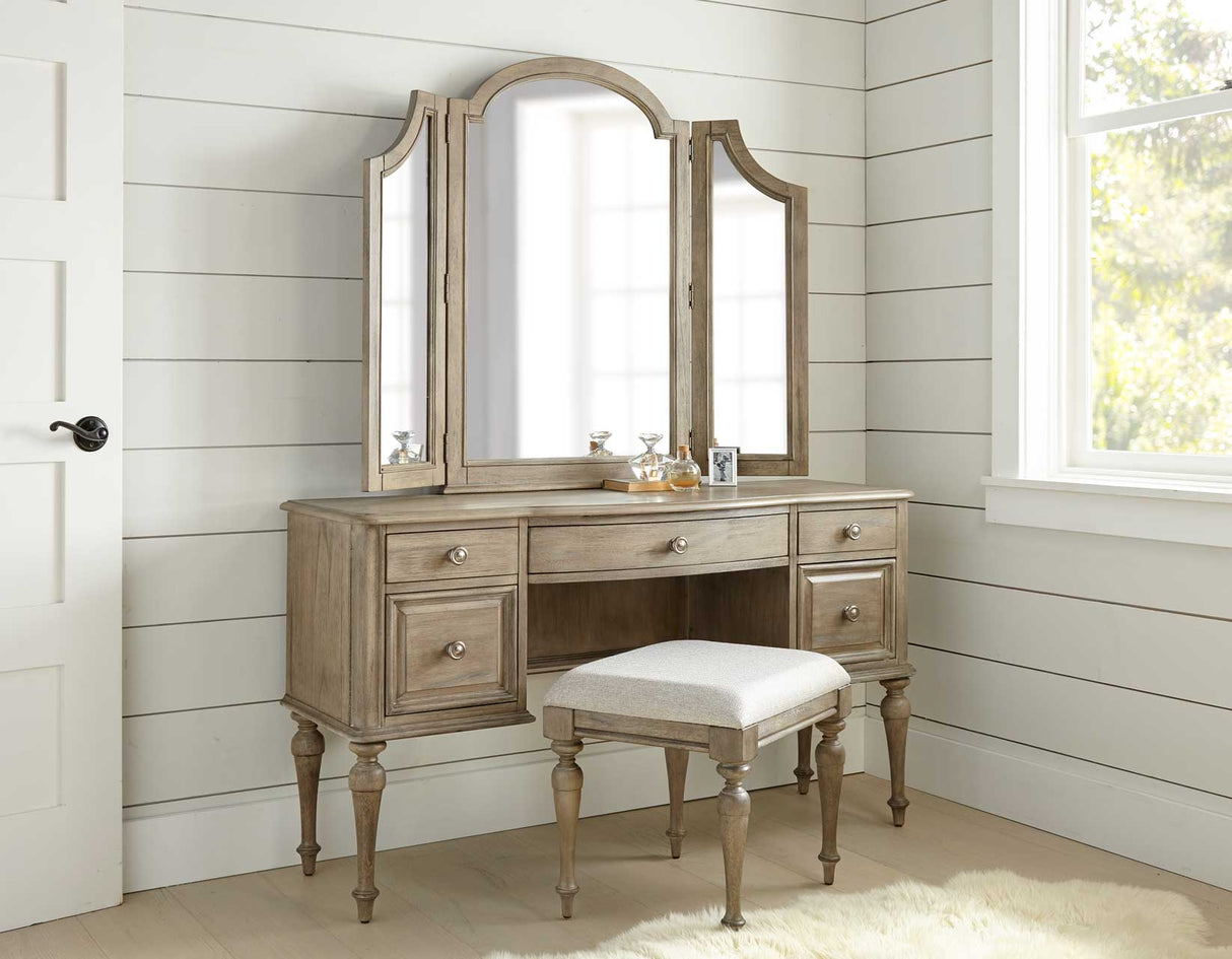 3-Piece Highland Park Vanity Set, Waxed Driftwood (Vanity Desk, Tri-fold Mirror and Bench)