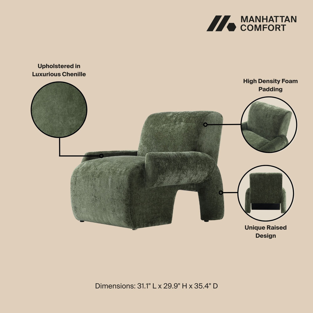 3-Piece Verandah 112" XL Sofa and 2 Accent Chairs in Olive Green by Manhattan Comfort at Eve Furniture