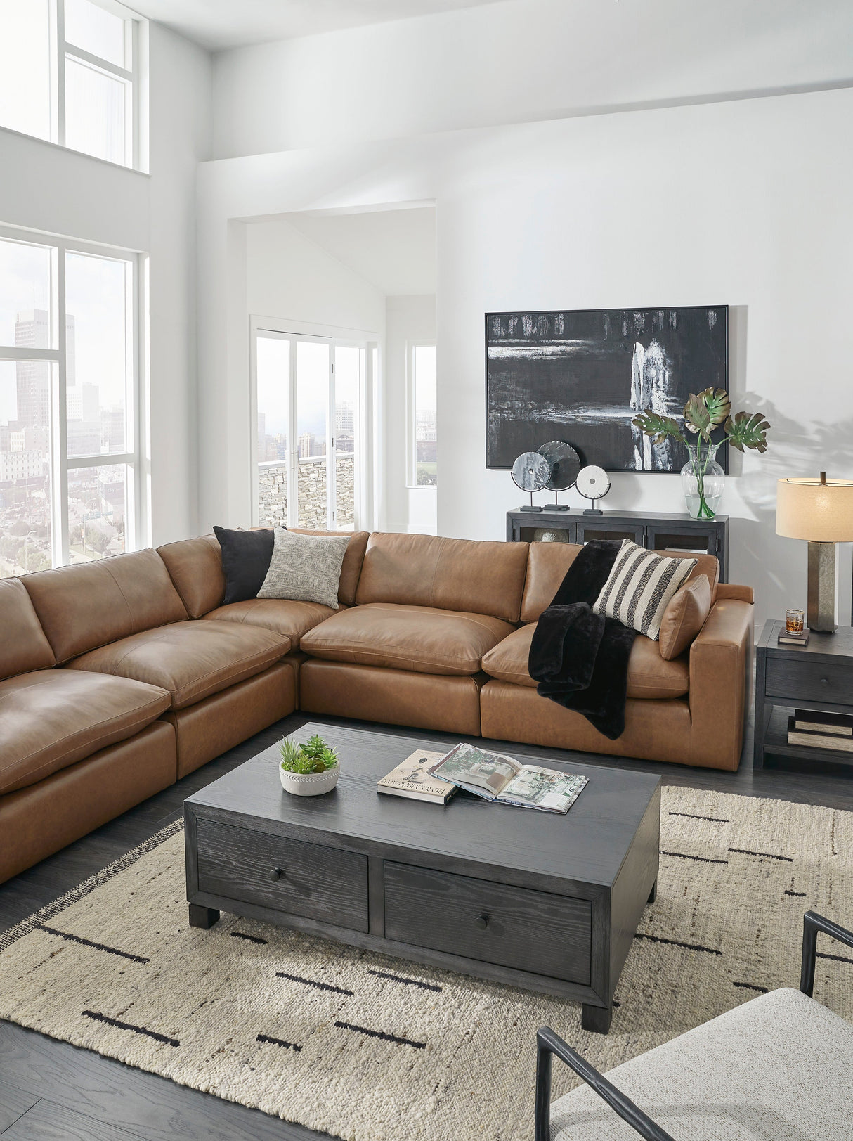 Emilia Caramel Leather 7-Piece Modular Sectional