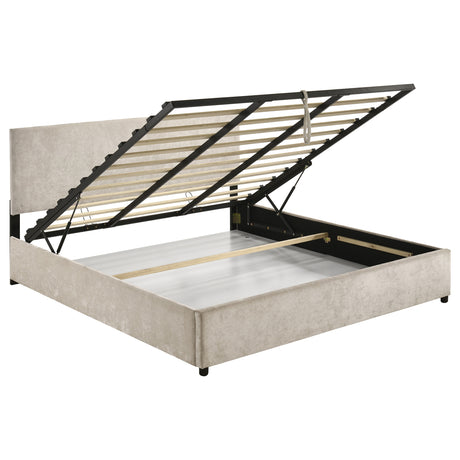 Reeves Beige Upholstered Eastern King Lift-Top Storage Platform Bed by Coaster at Eve Furniture