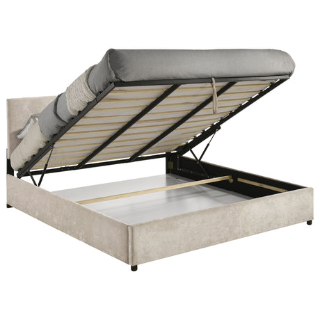 Reeves Beige Upholstered Eastern King Lift-Top Storage Platform Bed by Coaster at Eve Furniture