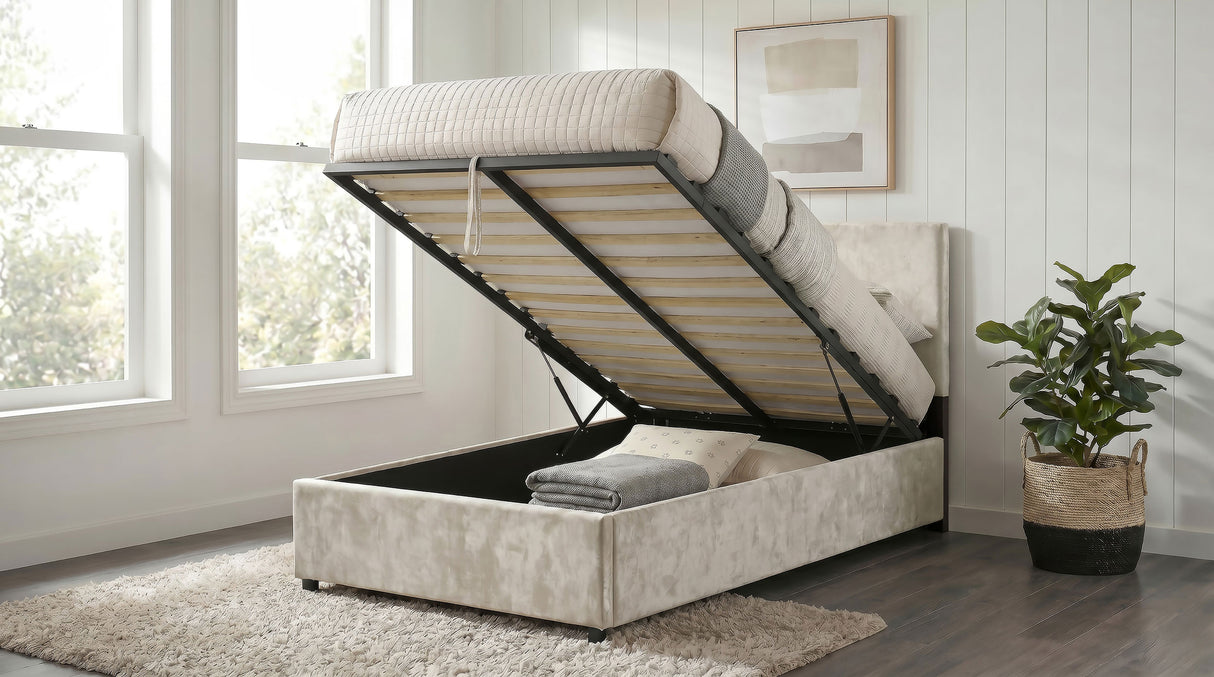 Reeves Beige Upholstered Twin Lift-Top Storage Platform Bed