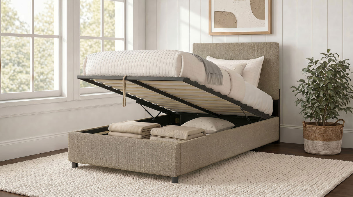 Reeves Tan Upholstered Twin Lift-Top Storage Platform Bed