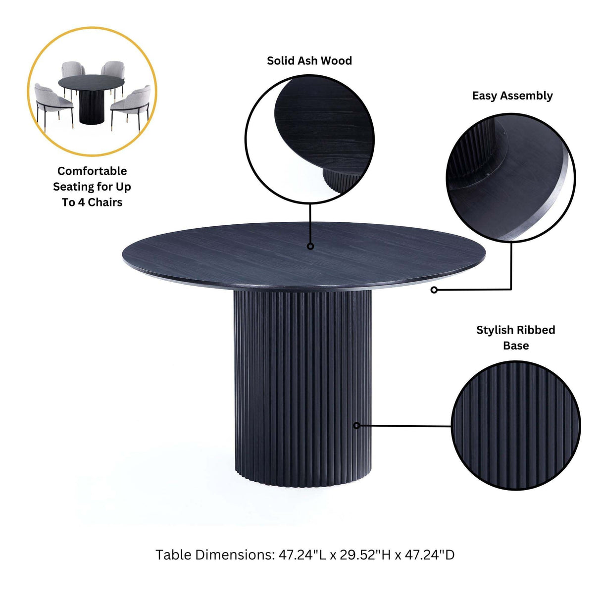 5-Piece Hathaway 47.24 Round Dining Set in Black with 4 Aspen Dining Chairs in Gold Dust by Manhattan Comfort at Eve Furniture