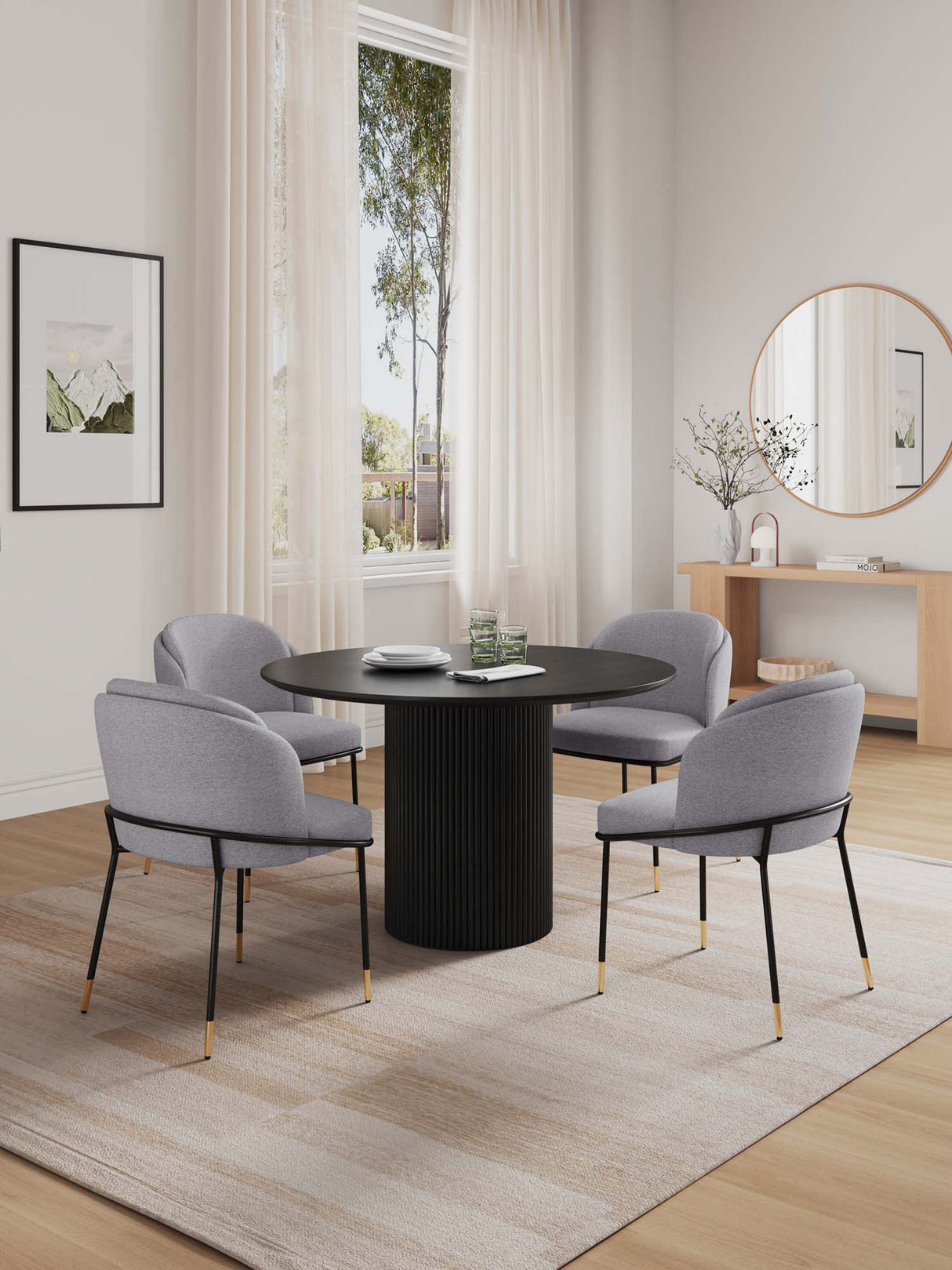 5-Piece Hathaway 47.24 Round Dining Set in Black with 4 Flor Dining Chairs in Grey by Manhattan Comfort at Eve Furniture