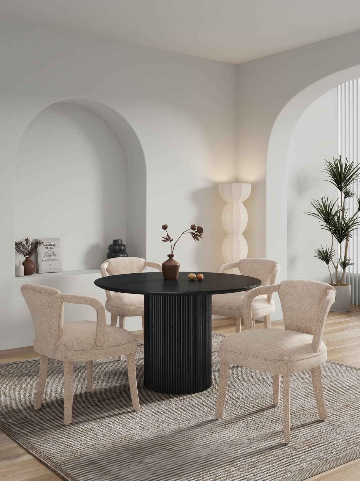 5-Piece Hathaway 47.24 Round Dining Set in Black with 4 Palmer Dining Armchairs in Gold Dust by Manhattan Comfort at Eve Furniture