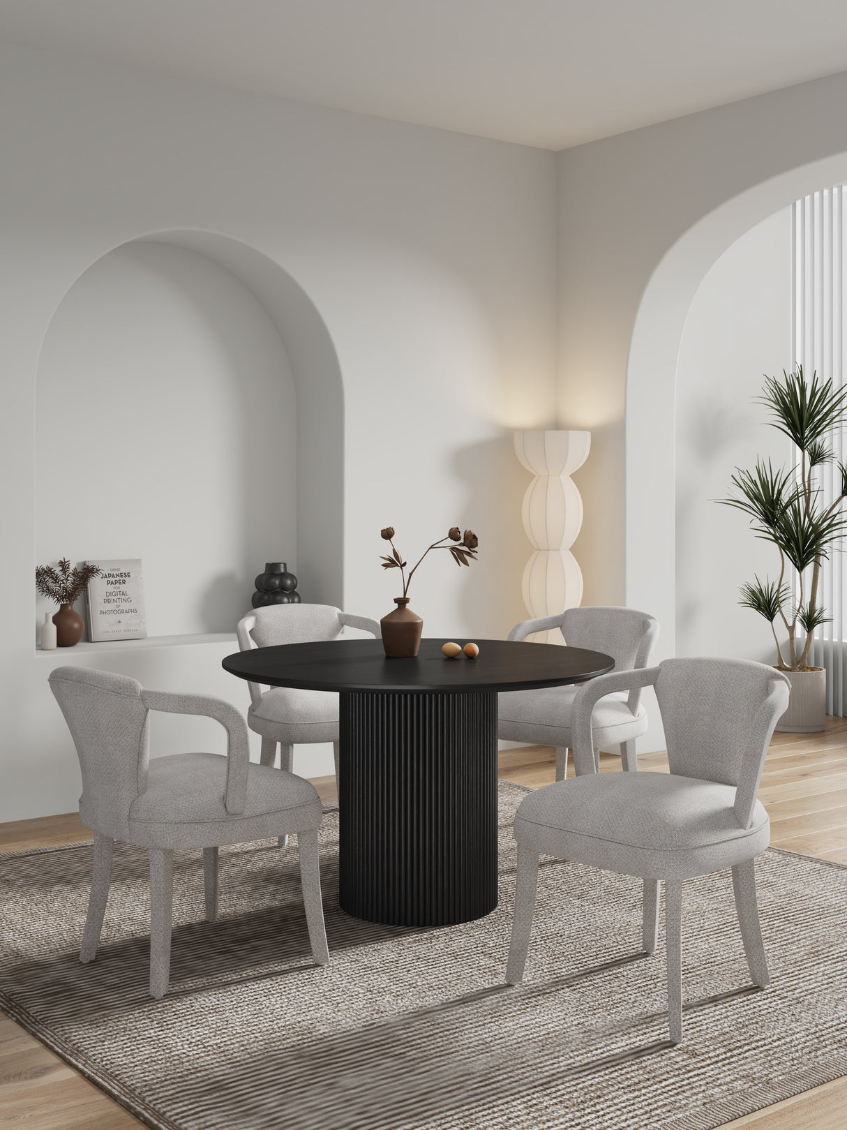 5-Piece Hathaway 47.24 Round Dining Set in Black with 4 Palmer Dining Armchairs in Silver Lining by Manhattan Comfort at Eve Furniture