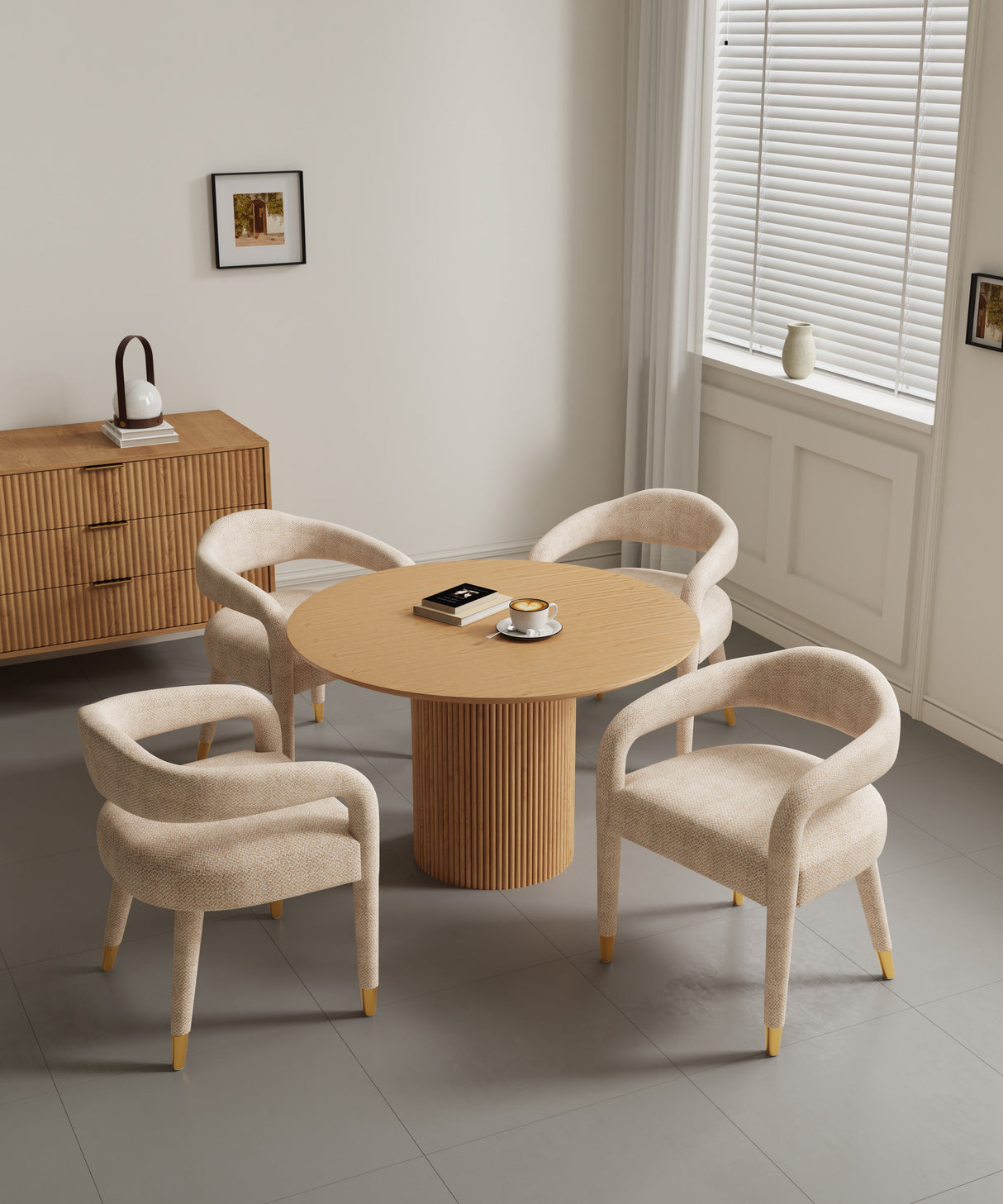 5-Piece Hathaway 47.24 Round Dining Set in Natural with 4 Aspen Dining Chairs in Gold Dust by Manhattan Comfort at Eve Furniture