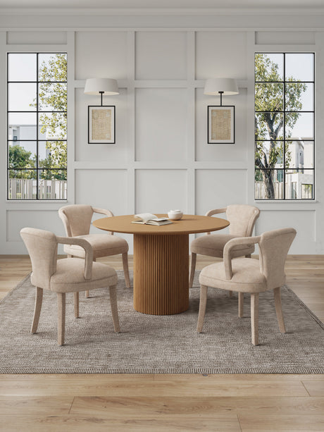 5-Piece Hathaway 47.24 Round Dining Set in Natural with 4 Palmer Dining Armchairs in Gold Dust by Manhattan Comfort at Eve Furniture