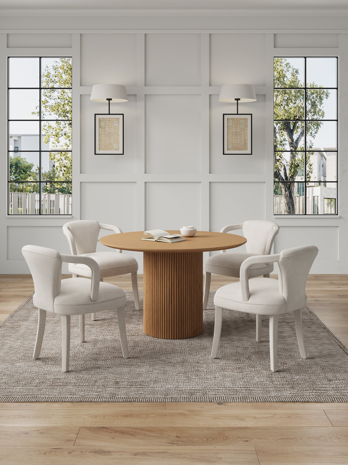 5-Piece Hathaway 47.24 Round Dining Set in Natural with 4 Palmer Dining Armchairs in Ivory by Manhattan Comfort at Eve Furniture