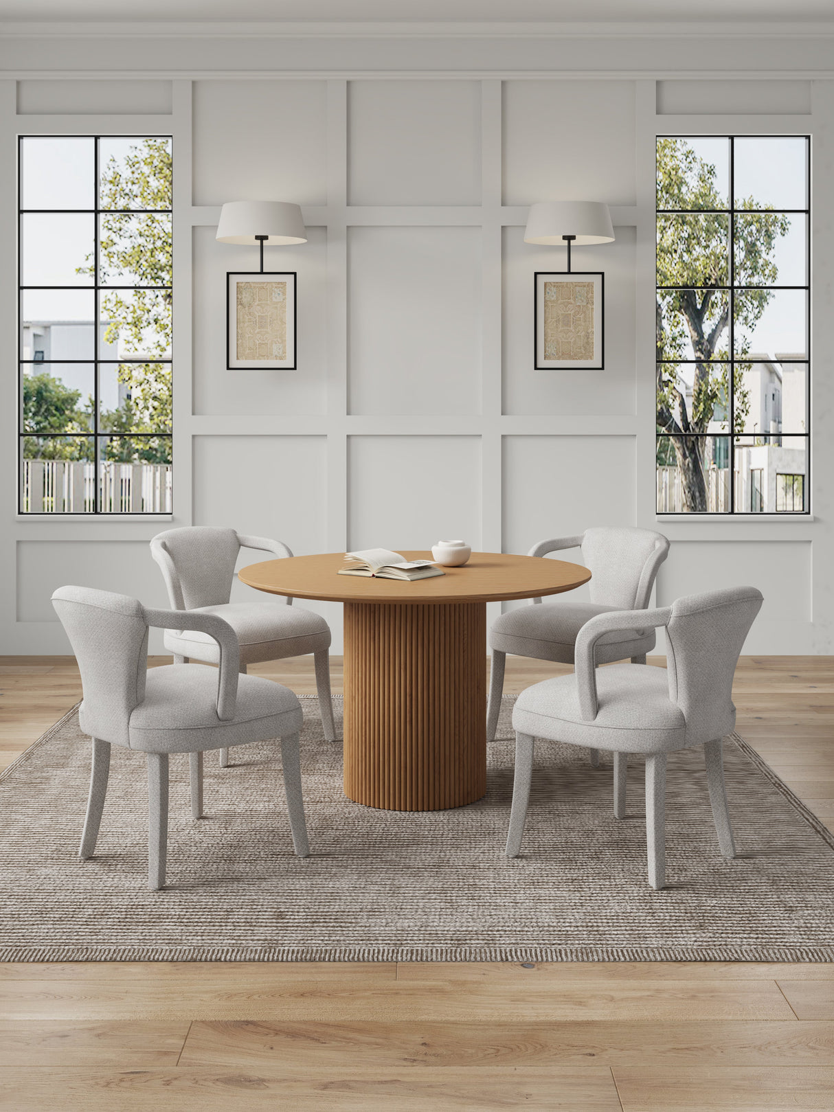 5-Piece Hathaway 47.24 Round Dining Set in Natural with 4 Palmer Dining Armchairs in Silver Lining by Manhattan Comfort at Eve Furniture